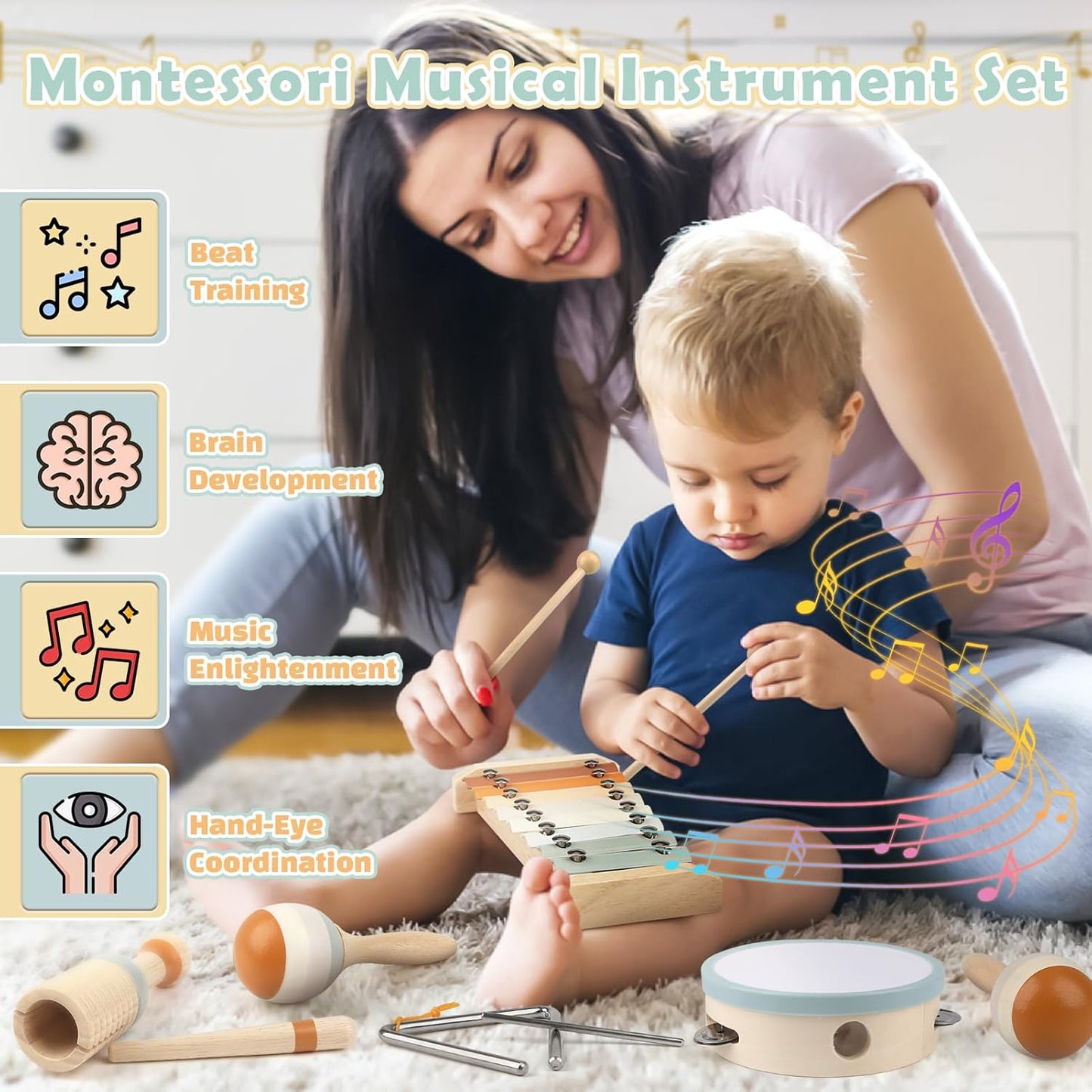 Vanplay Montessori Toys - 6 in 1 Wooden Musical Instruments for Toddlers 1-3, Infant Music Toy for Babies with Boho Xylophone for Boy & Girls Easter Birthday Gifts for 1-2