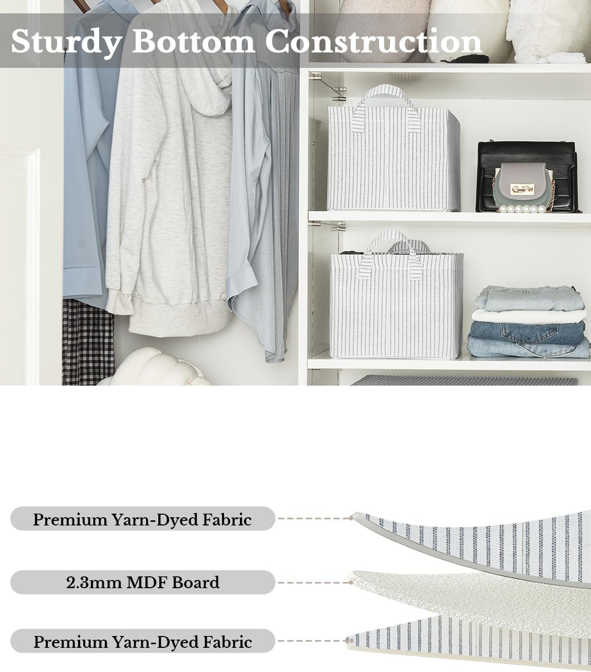 StorageWorks Storage Bins, Fabric Storage Bins for Shelves, Storage Baskets with Metal Frame, Closet Baskets and Bins with Handles, Gray and White Stripes, 2-Pack