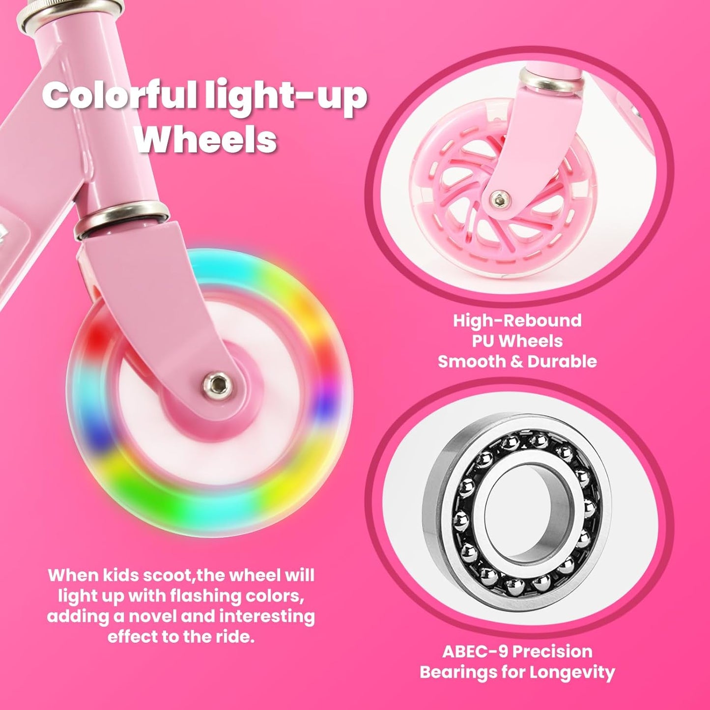 Scooter for Kids Ages 3+, Teens, Foldable Kick Scooter with Light up Wheels, Kickstand, 3 Adjustable Levels, Rear Brake, Lightweight Boys Girls Outdoor Toys for Kids 8-12, Pink