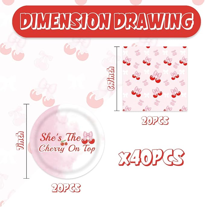 40pcs Cherry Birthday Decorations Bow Cherry Themed Plates and Napkins for Fruit Cherry Theme Birthday Baby Shower Table Decorations,for 20 Guests