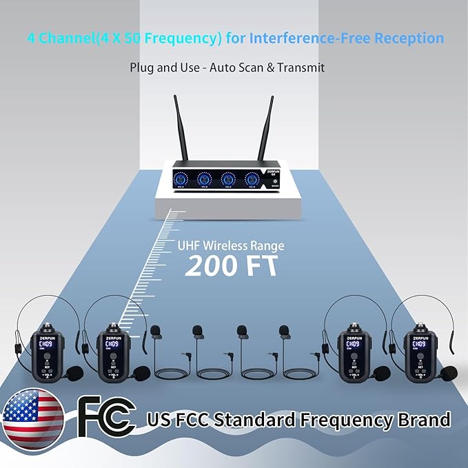 4 Channel Rechargeable Wireless Microphone System, Pro UHF Metal Headset Lavalier Lapel Cordless Mics Handheld for Karaoke Singing Church with VOL Control, 4x50 Adjustable Frequency(G8)