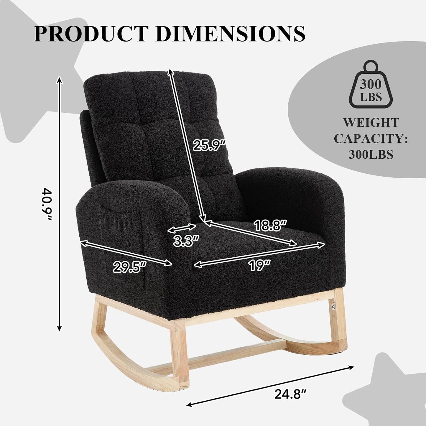 NIOIIKIT Nursery Rocking Chair, Teddy Upholstered Glider Chair with Side Pocket, Glider Rocker Chair with Tufted Back, Comfy Accent Nursing Chair for Living Room (Black Retro)