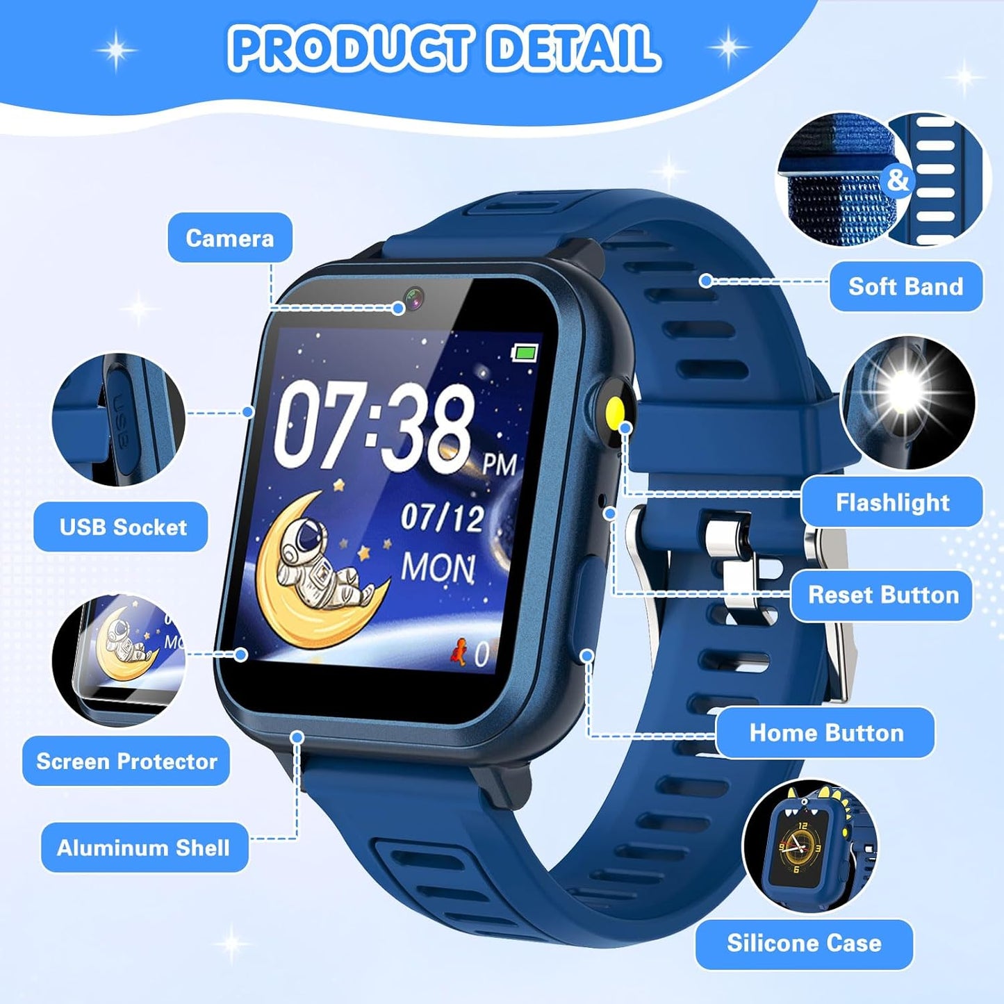 Smart Watch for Kids with 39 Games Touchscreen Camera Video, Music Player, Pedometer, Calculator, Calendar, Stopwatch, Flashlight, Alarm Clock 12/24 hr, Birthday Gifts Toys for Boys Ages 3-12