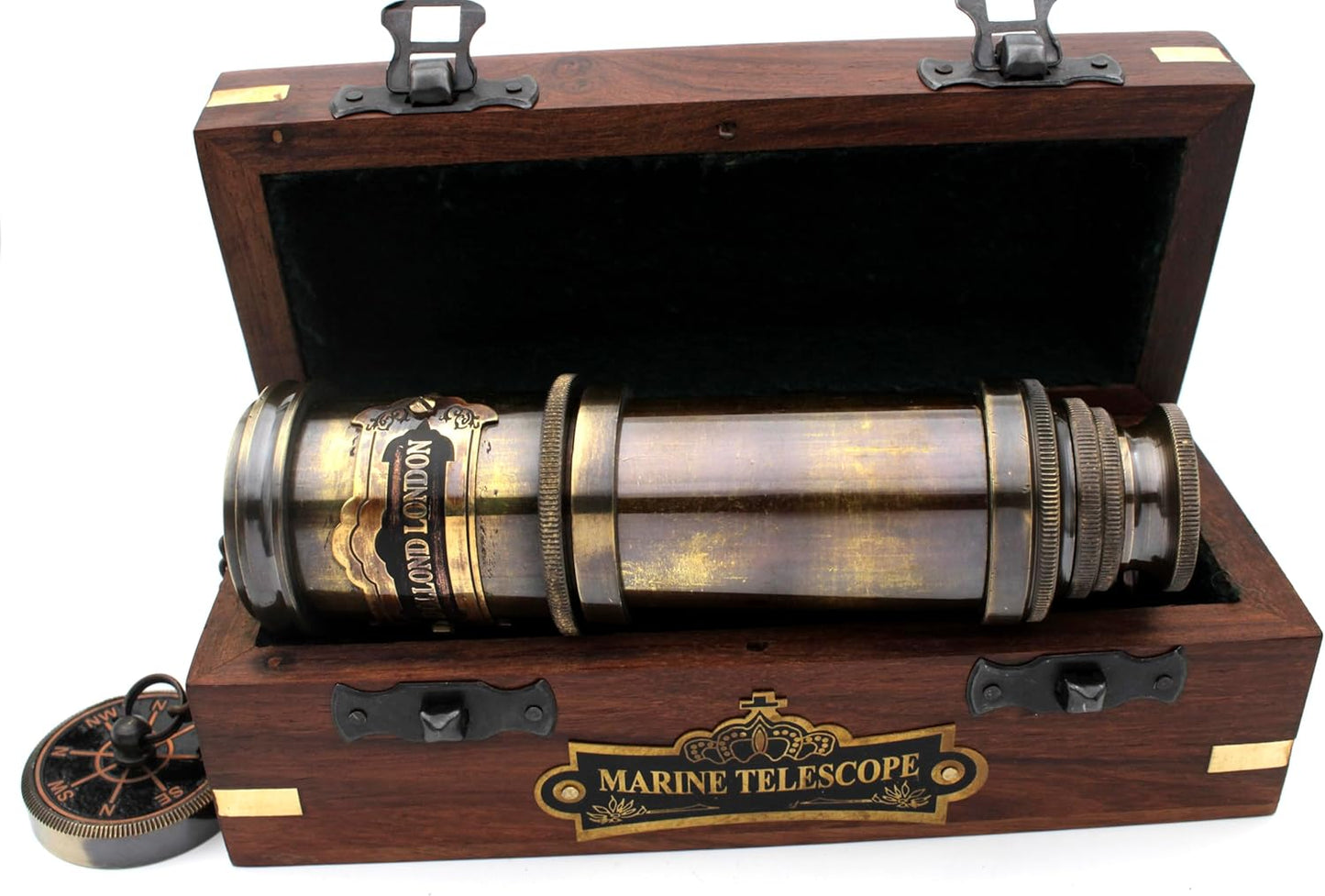 14 Inch Vintage Nautical Brass Telescope with Wood Box – Handheld Spyglass for Marine, Pirate, and Captain Use