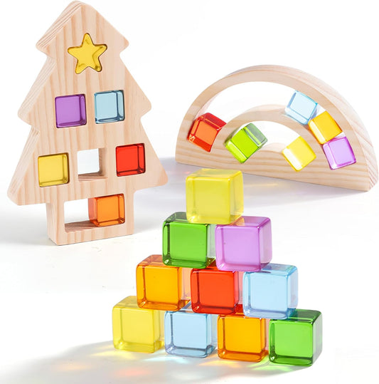 Wooden Building Blocks Set for Kids, Rainbow & Tree Shaped Wood Frame - 24 PCS Rainbow Gem Cubes Stacking Blocks, Montessori Stacking Toy for Toddlers, Early Learning Gifts for Boys Girls 3-6
