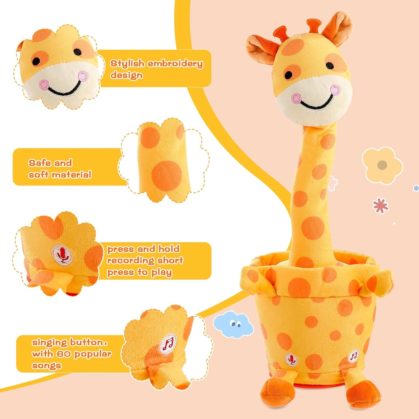 Dancing Talking Giraffe Toy, Stuffed Animal Baby Toy Repeating What You Say, Glowing Musical Electronic Giraffe Gifts for Toddlers 1-3 Years Old (Smiling Giraffe)