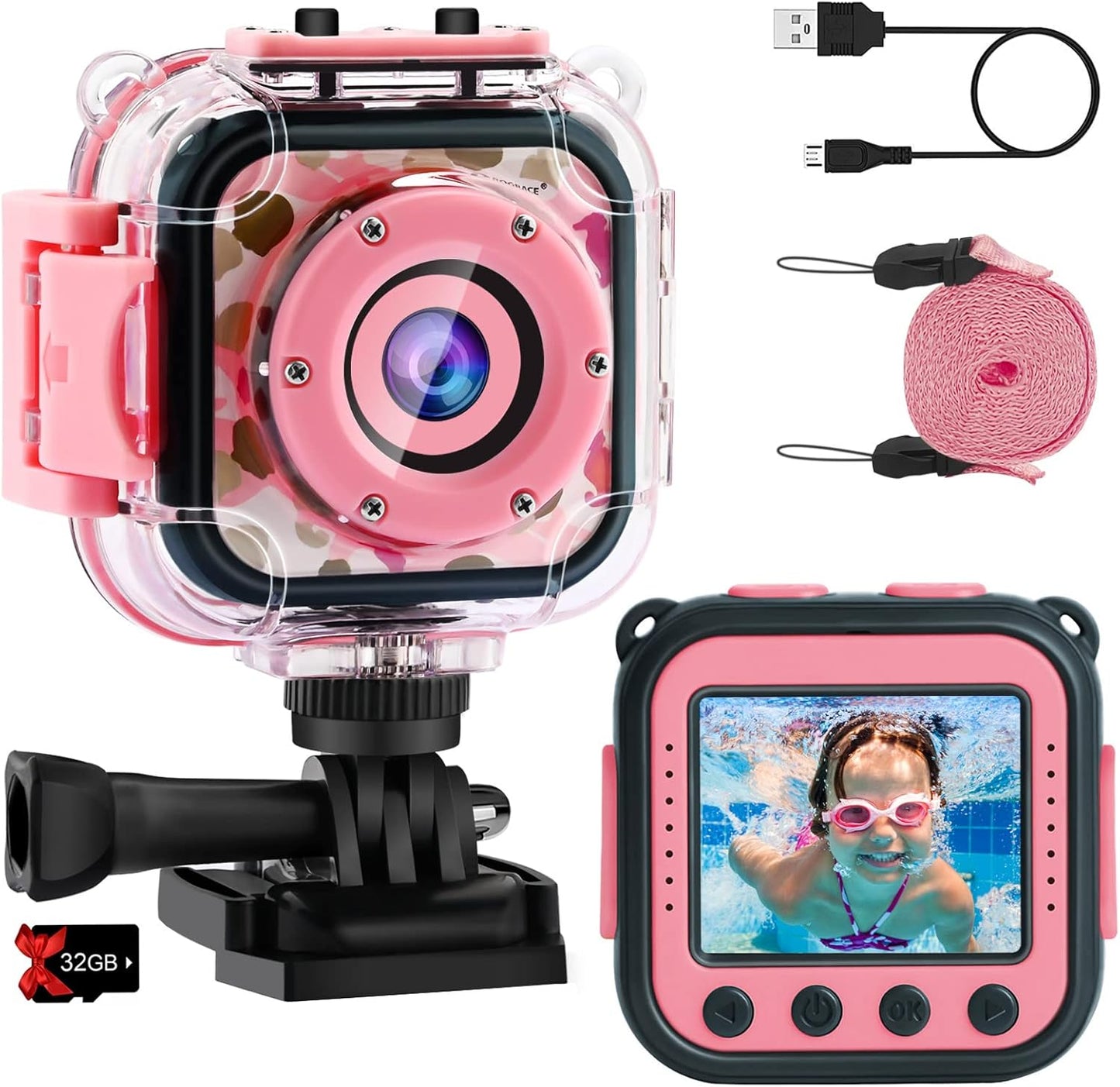 PROGRACE Kids Waterproof Camera Girls - Kids Video Camera Underwater 1080P HD Children Camcorder Digital Cameras for Girls Christmas Birthday Toys Gifts 3 4 5 6 7 8 9 10 11 12 Year Old