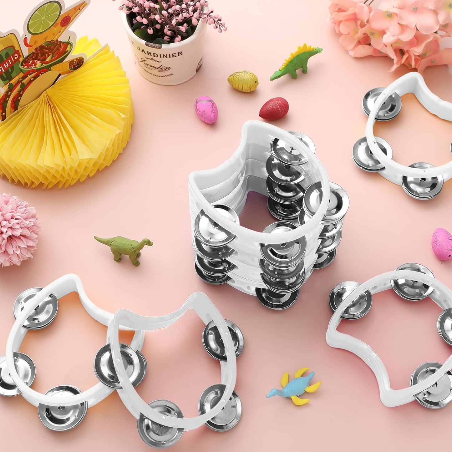 Yeshone 30 Pack Tambourine for Kids Adult Tamborines Musical Instrument Noise Makers 4 Bells Handheld Tambourines for Back to School Supplies Church Wedding Operation Christmas(White)