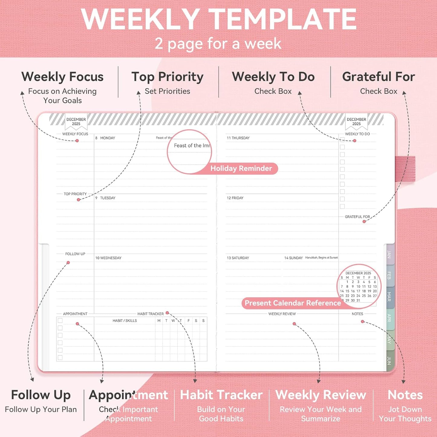 Getink 2025-2026 Linen cover Planner Weekly & Monthly Daily Agenda Book,2025-2026 To Do List Notebook with Colorful Monthly Tabs, Inner Pocket, Elastic Closure (Pink,5.5 * 8.5)