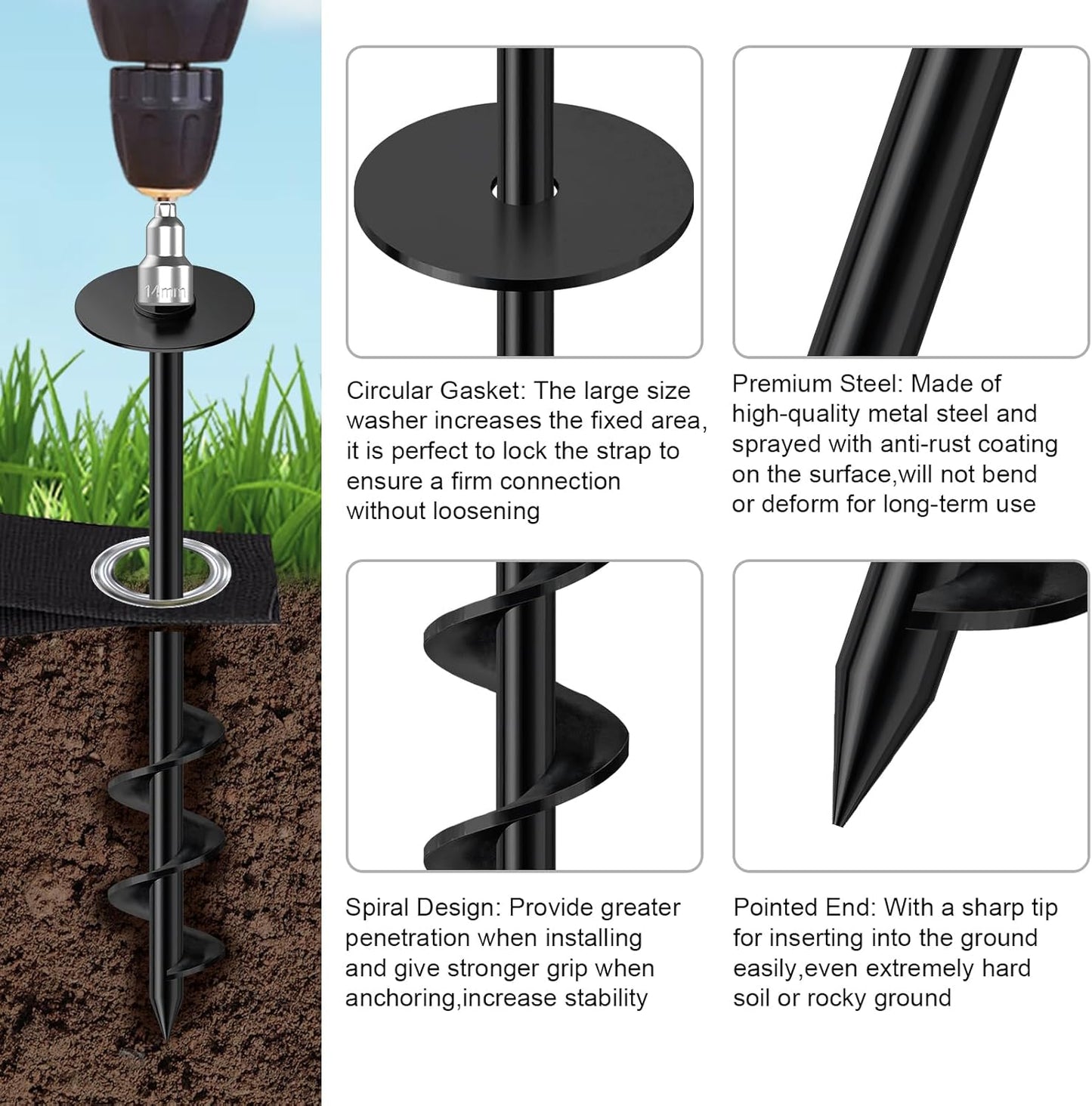 Eurmax USA Ground Anchors Screw in Trampoline Anchors High Wind Tent Stakes Heavy Duty Ground Stakes Trampoline Stakes Anchor Kit Set of 4 Bonus 4 Strong Belt (Black)