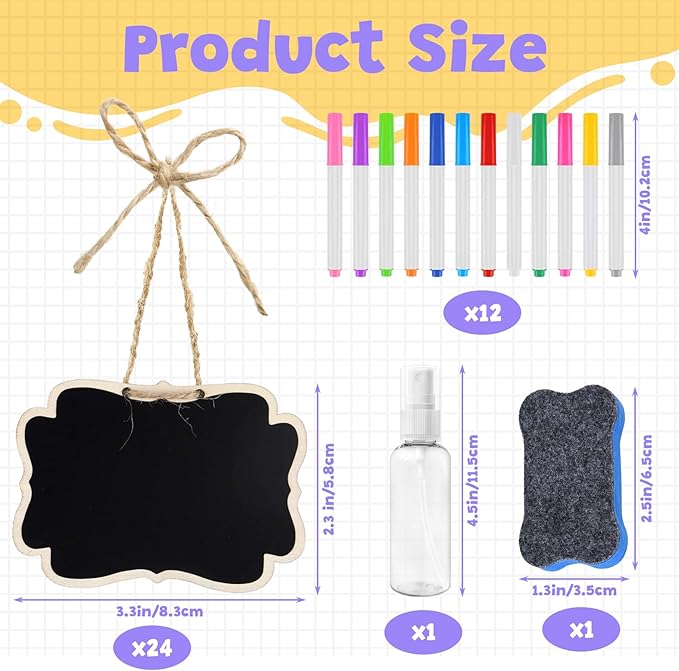 NEBURORA 24 Pcs Mini Erasable Wood Chalkboard Signs with Hanging String Reusable Double-Sided Blackboards for Message Boards Hanging Signs Price Labels Table Numbers Plant Name Tags