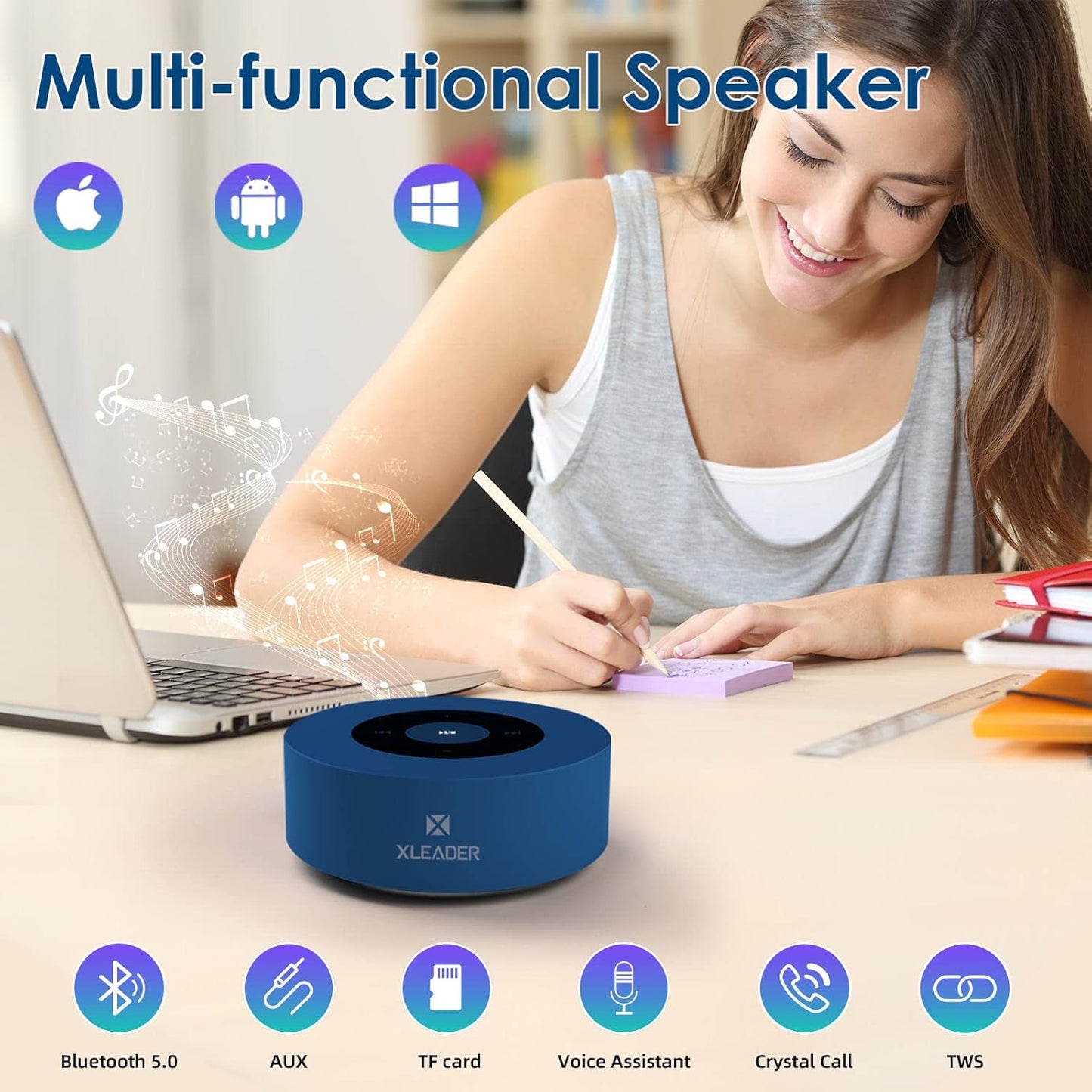 XLeader Mini Bluetooth Speaker (Travel Case Provided) HD Sound&Rich Bass, Touch Design, 12-15H Playtime, Support Aux input, Micro SD, Mic, Small, for iPhone Laptop Shower Office, Ideal Gifts, Sea Blue