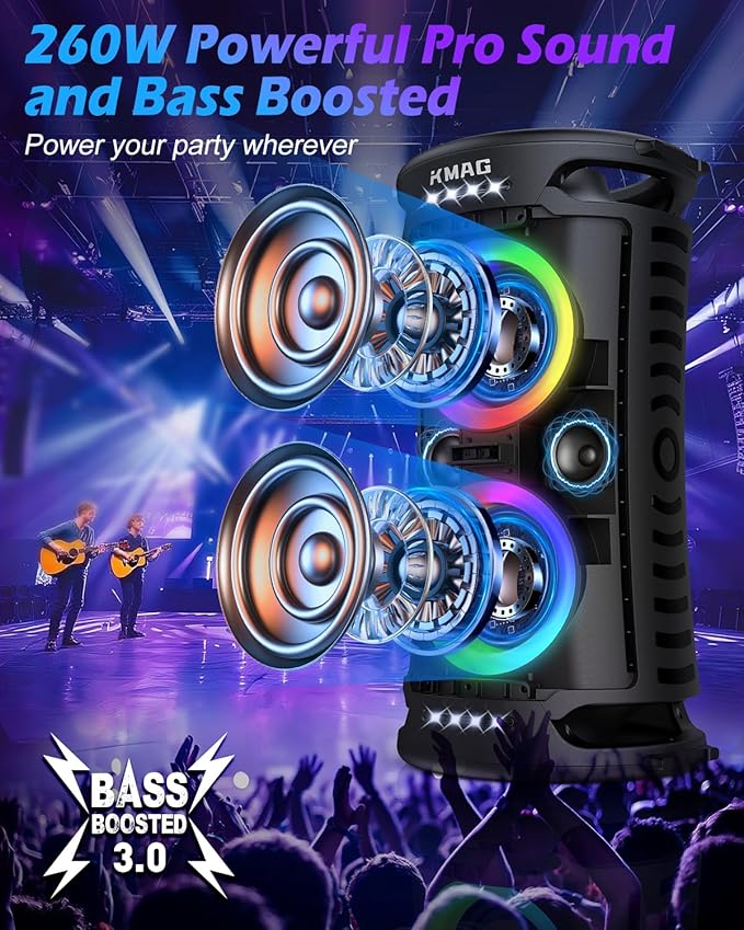 Large Bluetooth Speaker, 260W Peak Powerful Loud Sound with Deep Bass, 15Hr Playtime, Fast Charge, TWS, Cool Lights, Portable Outdoor Speaker Wireless for Party, Camping, Beach, Backyard, Home, Work