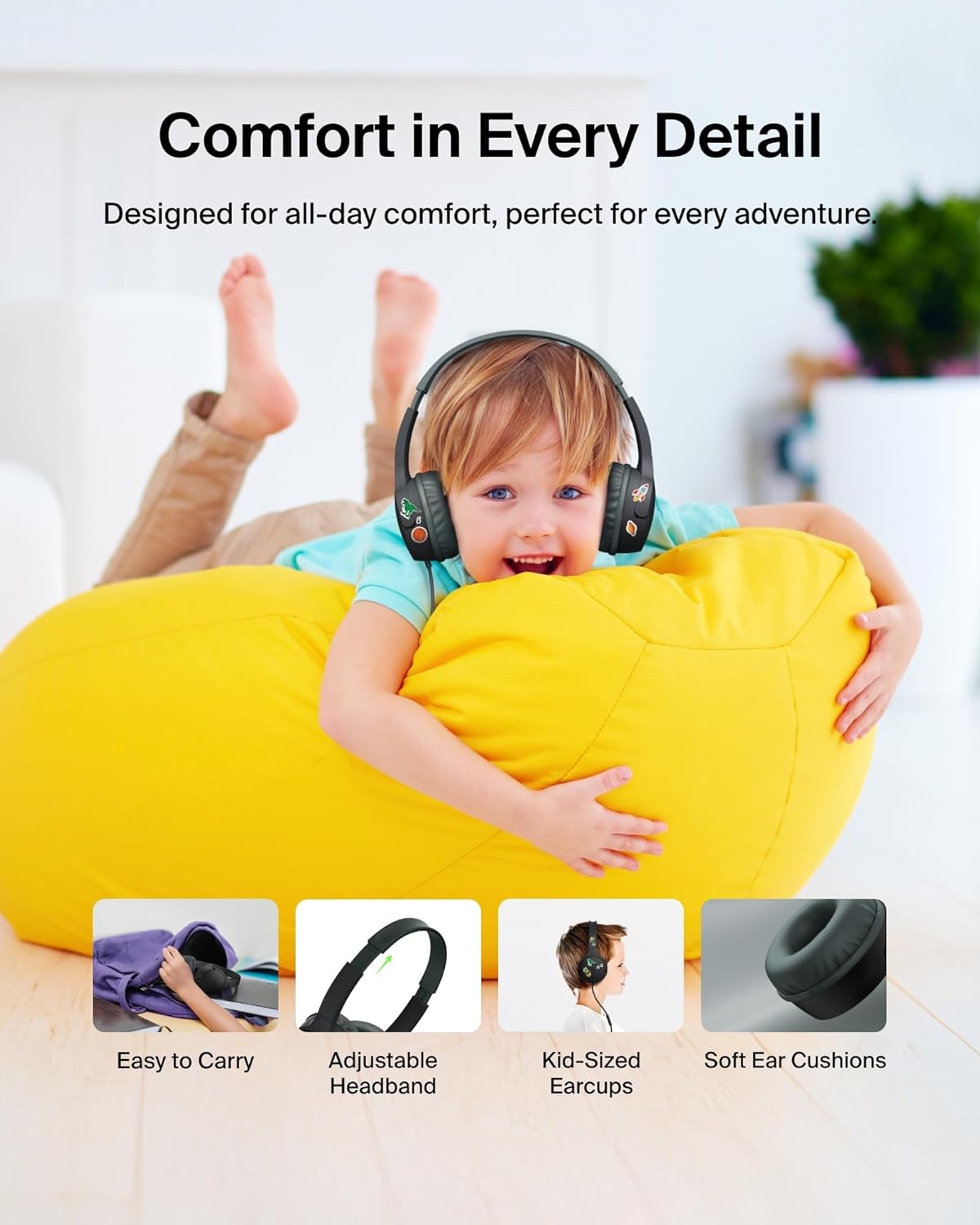 Belkin SoundForm Mini Kids Wired Headphones w/USB C to 3.5mm Dongle, Built-in Mic & Fun Stickers, 85dB Max Volume – for Online Learning, Travel, Compatible w/iPhone 16, iPad, Galaxy S25, etc - Black