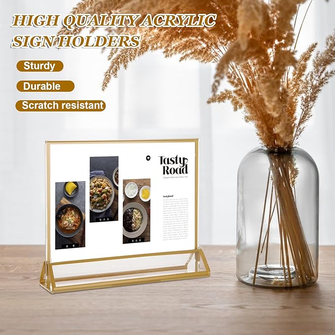 8PCS 6x4 Acrylic Sign Holders with Golden Border, Double-Sided Picture Frames, Clear Gold Table Number Holders for Wedding Reception, Centerpiece, Decoration, Party