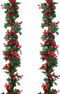 Uguisu 2pcs 5.6ft Red Artificial Christmas Garland,Eucalyptus Green Garland with Berry Flower Clusters,Artificial Vines for Fireplaces,Dining Tables,Christmas Parties