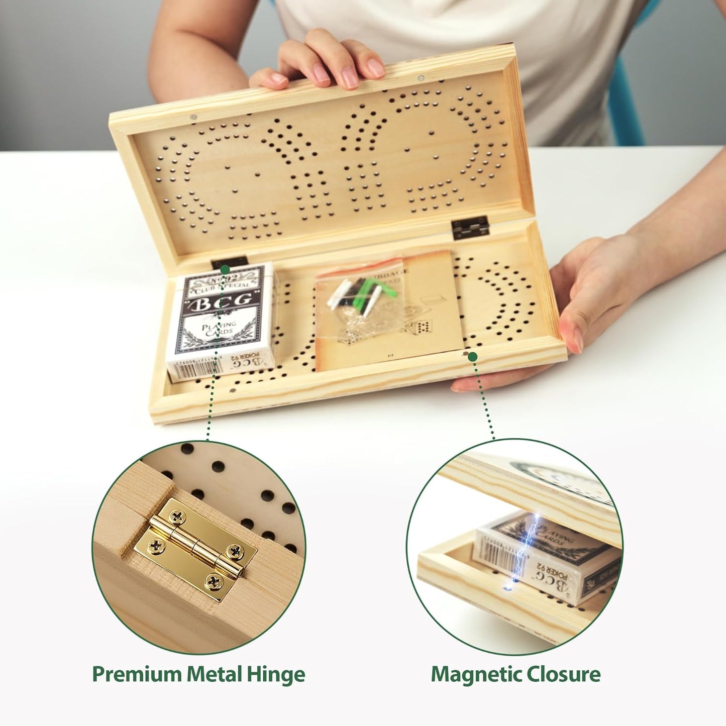 Foldable Wooden Cribbage Board Set, Unique 3-Track Travel Board with Storage & Magnetic Closure, 9 Multi-Colored Pegs, Full Playing Card Deck, Portable Family Game for Adults, Kids, Gatherings & Gifts
