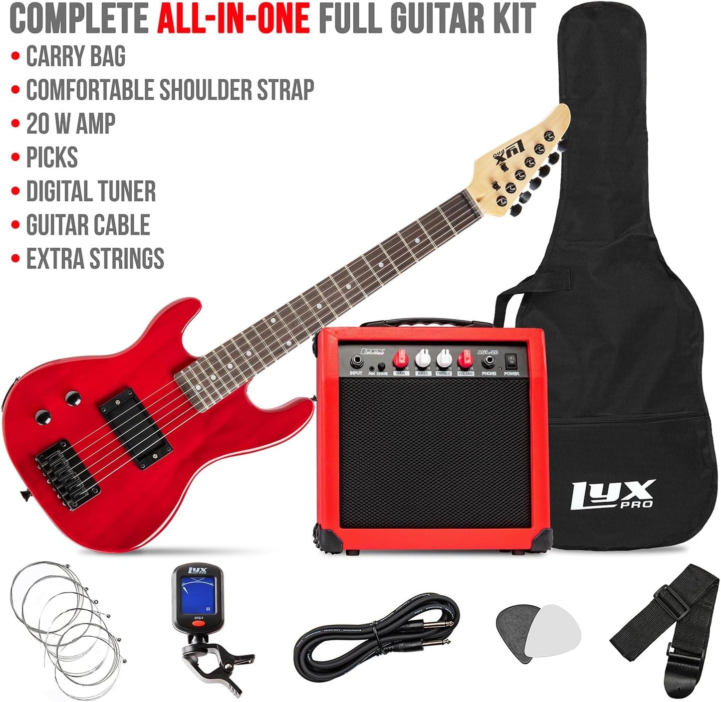 LyxPro Left Hand 30 Inch Electric Guitar Kit for Lefty Kids 3/4 Size Beginner’s Guitar, Amp, Six Strings, Two Picks, Shoulder Strap, Digital Clip On Tuner, Guitar Cable and Soft Case Gig Bag - Red