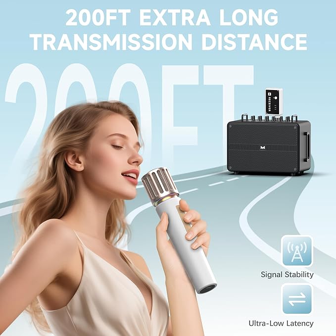 Wireless Microphones, Microphone with One-to-One Chip Connection, Controllable LED Lights, 40H Duration, 200FT Range Free Sing, Volume Control Microphone for Singing, Speech, Home Party, Youtube