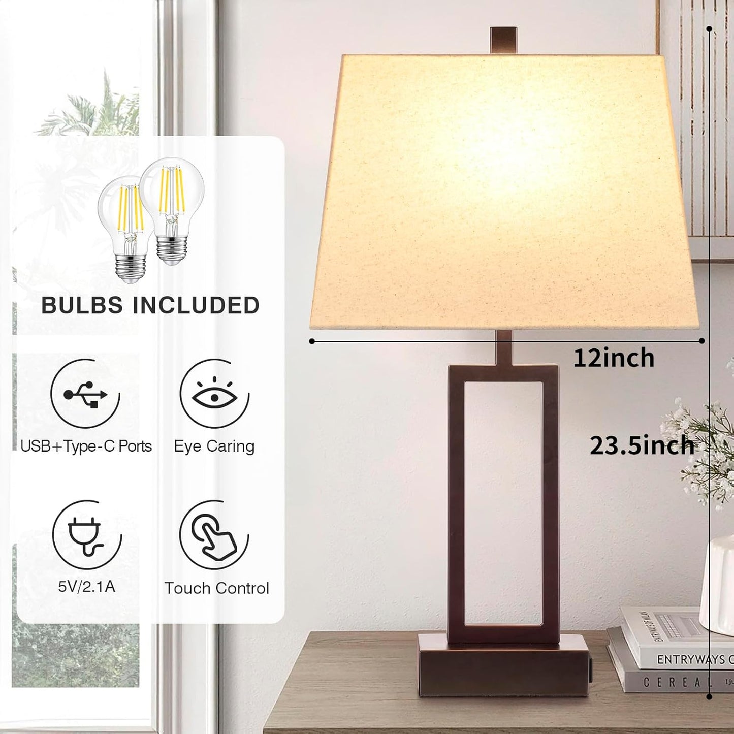 23.5" Touch Control Table Lamps, Metal Bedside Lamp for Bedroom Set of 2 with USB A+C Ports & AC Outlet, 3-Way Dimmable Nightstand Lamp for Living Room (LED Bulb Included)