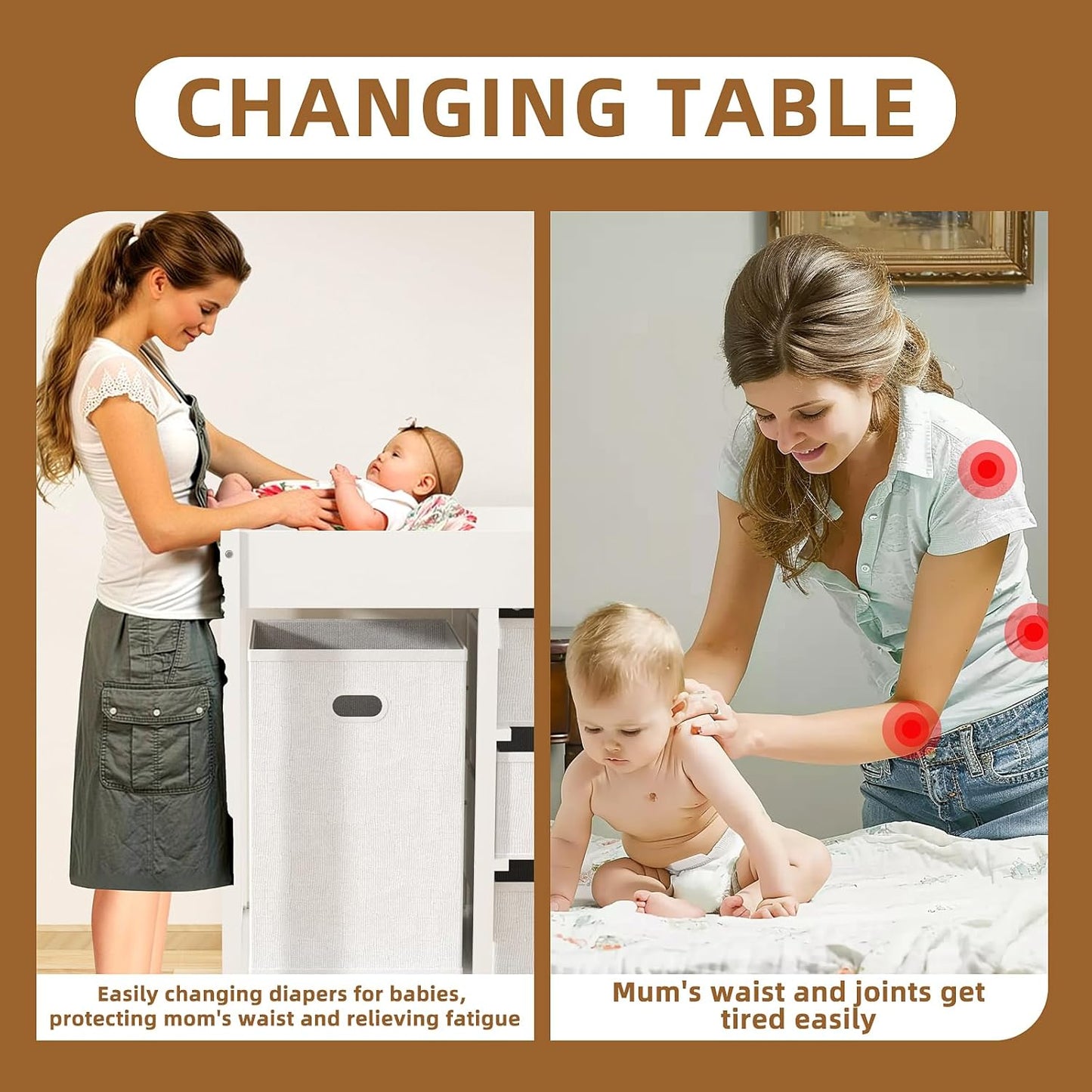 YUFU Baby Changing Table, Diaper Changing Table with Laundry Hamper, 3 Storage Drawers and Pad, Wooden Infant Diaper Changing Station, White