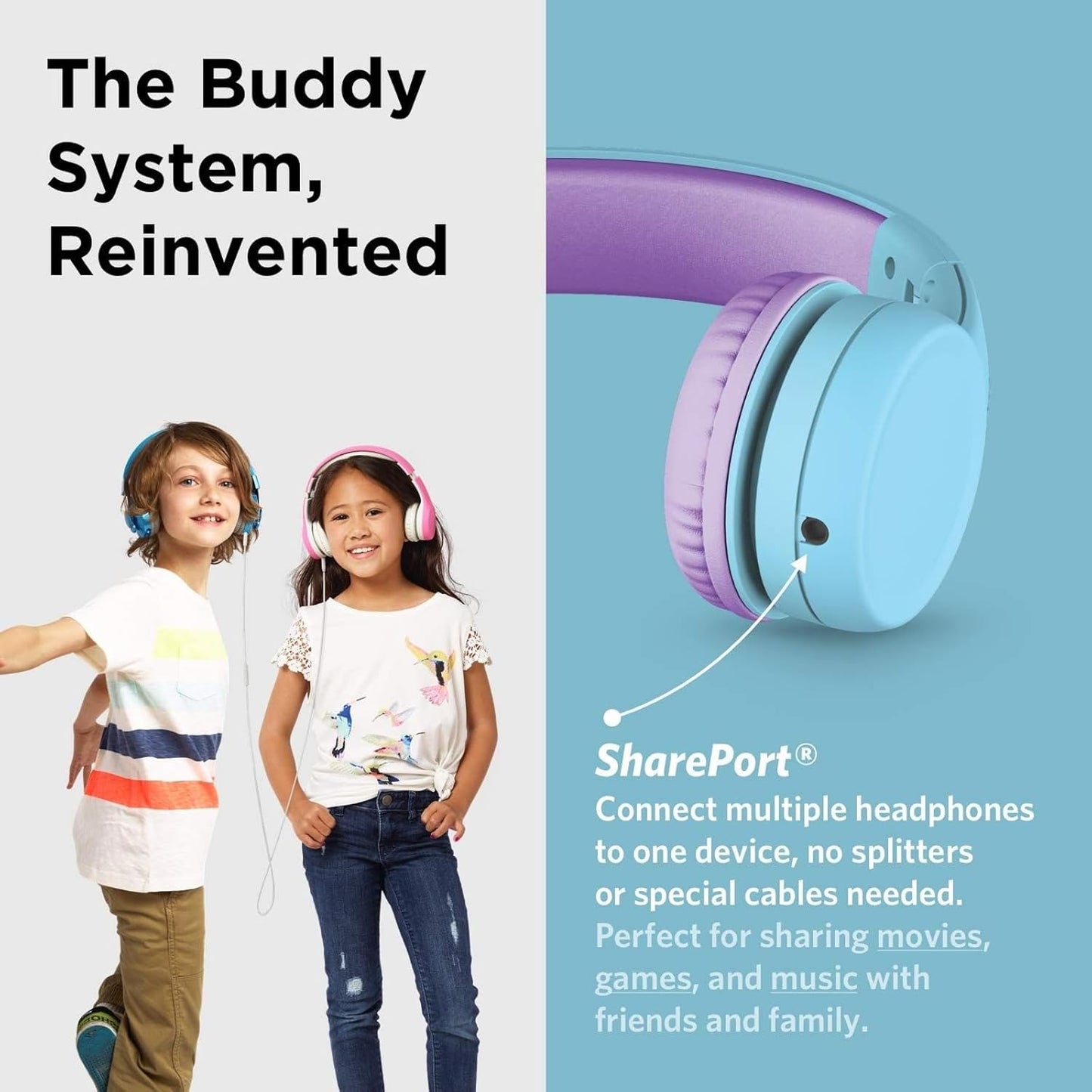 LilGadgets Connect+ Wired Kids Headphones for School with Mic, Volume Limited & Noise Reduction, On-Ear Headset with Cord, SharePort Technology for Multiple Kids & SoftTouch Padding, Blue/Purple