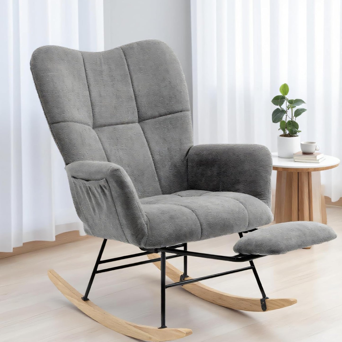 KEEZY Rocking Chair Nursery,Upholstered Glider Chair Padded Seat with High Backrest,Reading Chair,Armchair Comfy Side Chair for Living Room Bedroom Offices (Gray)