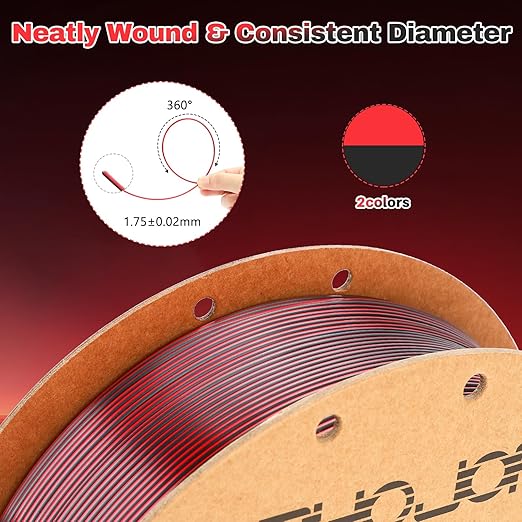Silk PLA Filament 1.75mm Black Red Dual Color PLA 3D Printer Filament 2 in 1 Coextrusion 1KG Spool(2.2lbs) 3D Printing Filament Dimensional Accuracy +/- 0.03mm