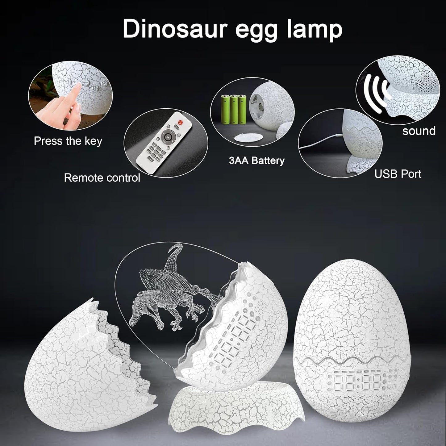 Spinosaurus Alarm Clock/Decorative Lamp/Night Light/Bluetooth Speaker/White Noise Lullaby Machine 4 in1, Remote Control 16 Colors Volume, Creative Gifts for Boys/Girls/Adult