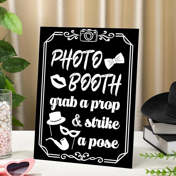 Photo Booth Sign with Stand Retro Background Table for Indoor and Outdoor Party Theme Event Photography Props Desktop Decoration Supplies