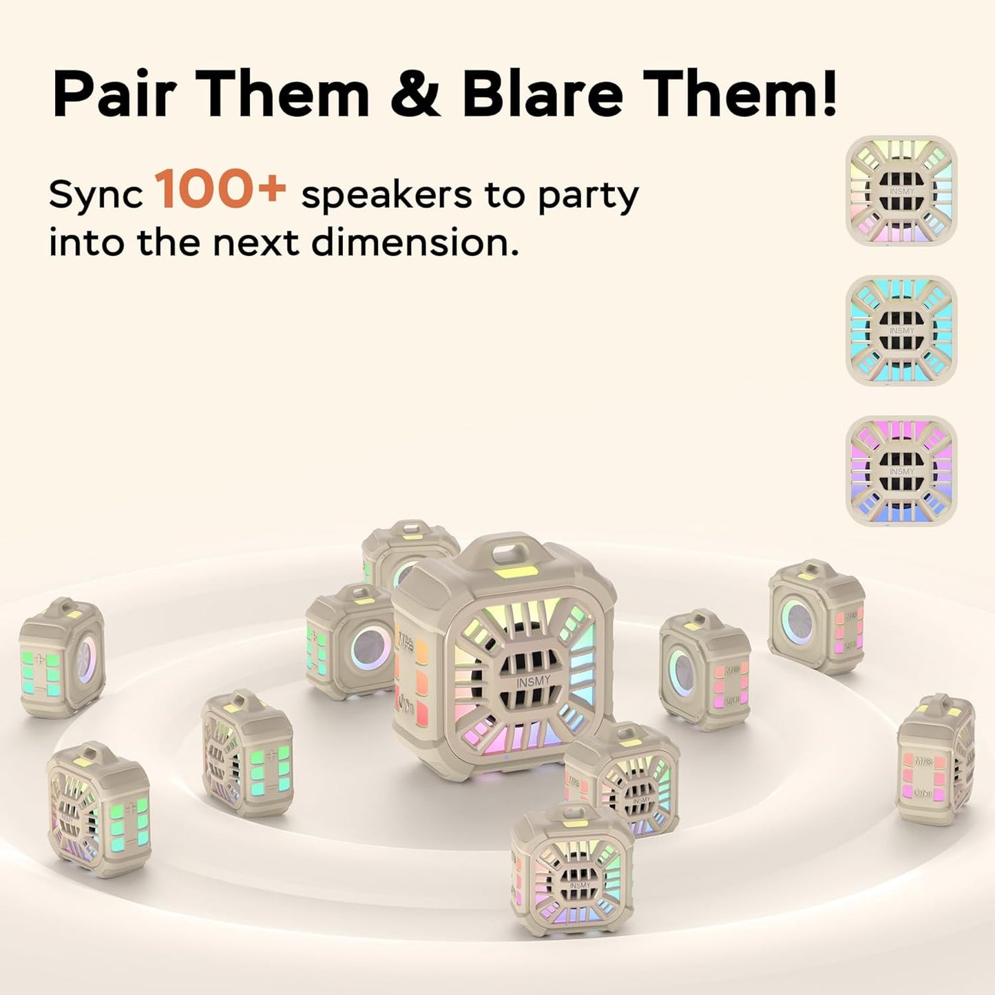 INSMY Shower Bluetooth Speaker, IP67 Waterproof Portable Small Multi Sync 100+ Speakers, Big Volume Booming Bass, 24H Playtime/Floatable/RGB Lights for Outdoor/Kayak/Beach/Golf (Khaki)