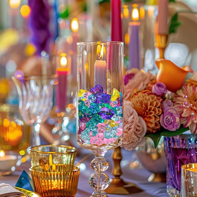 HappyFiller Fiestal Style Multi Colored Fake Ice Rocks Cubes Acrylic Gems Stones for Vase Fillers,Mermaid Birthday Party,Wedding Centerpieces Table Scatters,Floral Arrangement,Home Accents,15 OZ