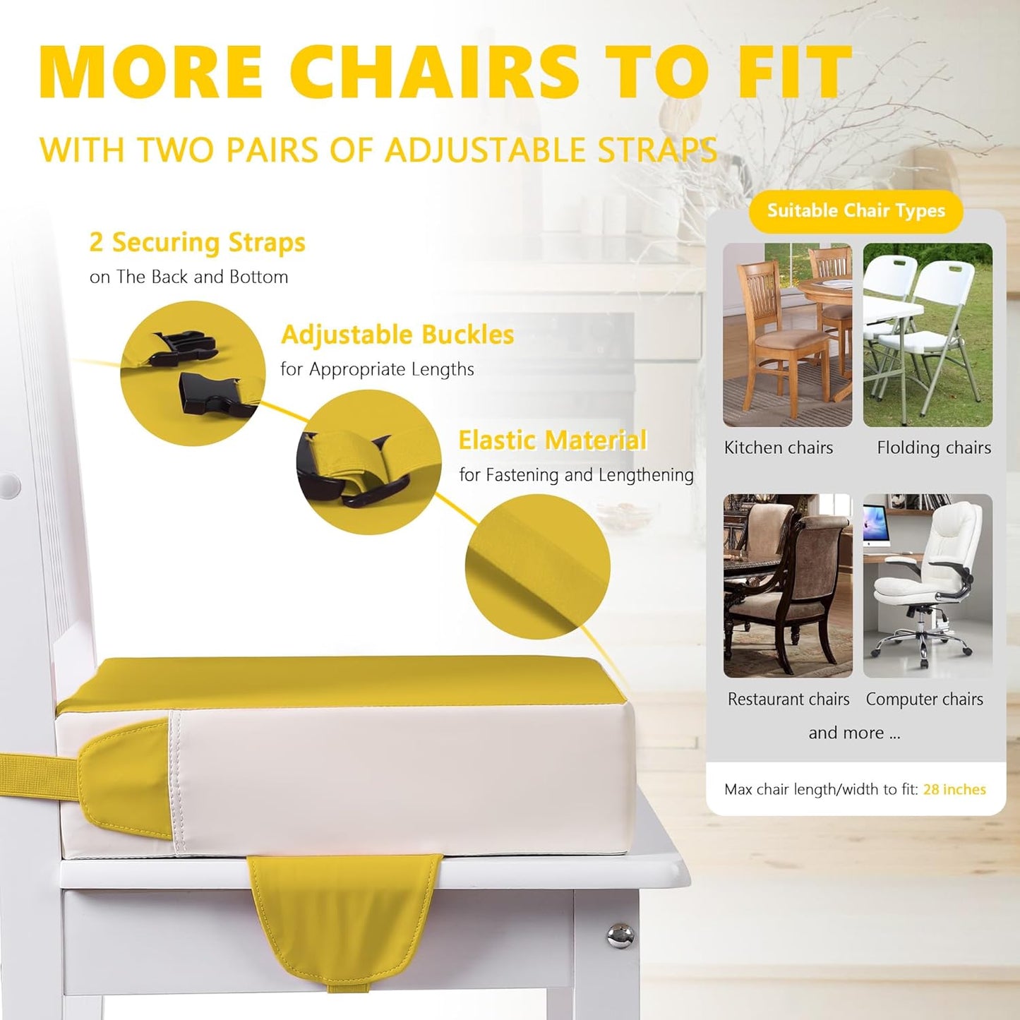 Booster Seat for Kitchen Chair with Adjustable Straps, Toddler Booster Seats for Dining Table Portable for Travel Camping Eating, Booster Cushion for Table for Baby Child Infant Kid Boy Girl