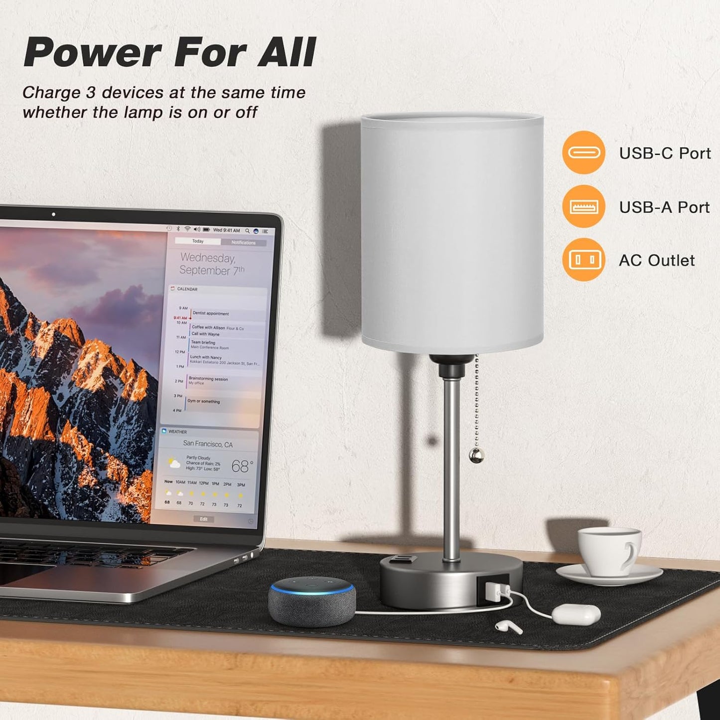 Grey Bedroom Lamp for Nightstand - 3 Color Temperature Table Lamp with USB C and A Ports, Pull Chain Bedside Lamp with AC Outlet, Desk Lamp with Silver Metal Base for Kids Girls