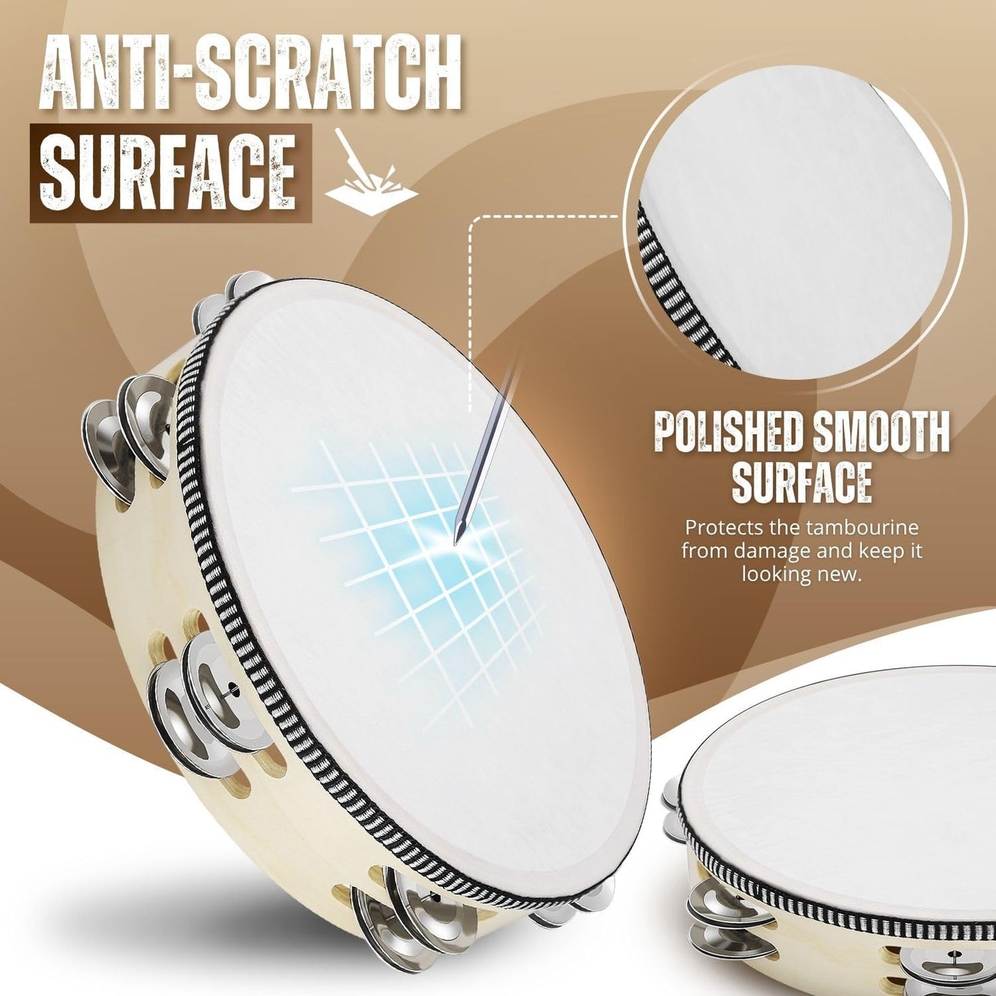 Flexzion Wood Handheld Tambourine for Adults 8-Inch Double Row 8-Pair Jingles (Wood) - Percussion Round Tamborines Musical Instrument with Metal Zills