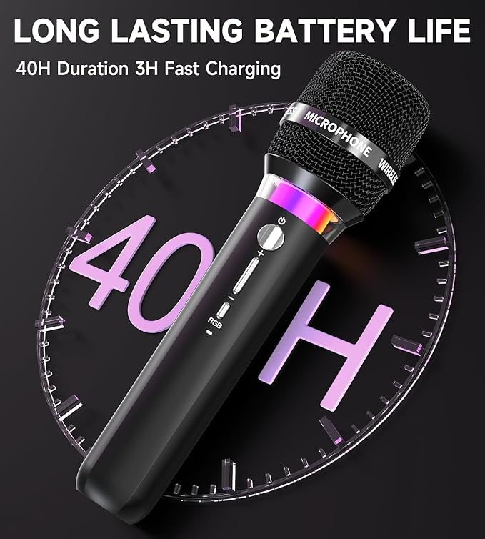 Wireless Microphone, Rechargeable Wireless Microphones with One-to-One Chip Connection and LED Lights, 40H Duration, 200FT Range Receiving, Less Latency Karaoke Microphone for Singing, Speech, Party