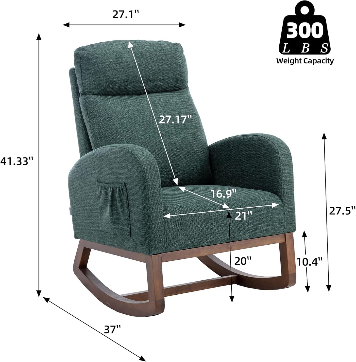 Dolonm Nursery Rocking Chair for Living Room, Upholstered Mid-Century Modern Nursery Rocking Armchair Tall Back Accent Glider Rocker, Emerald