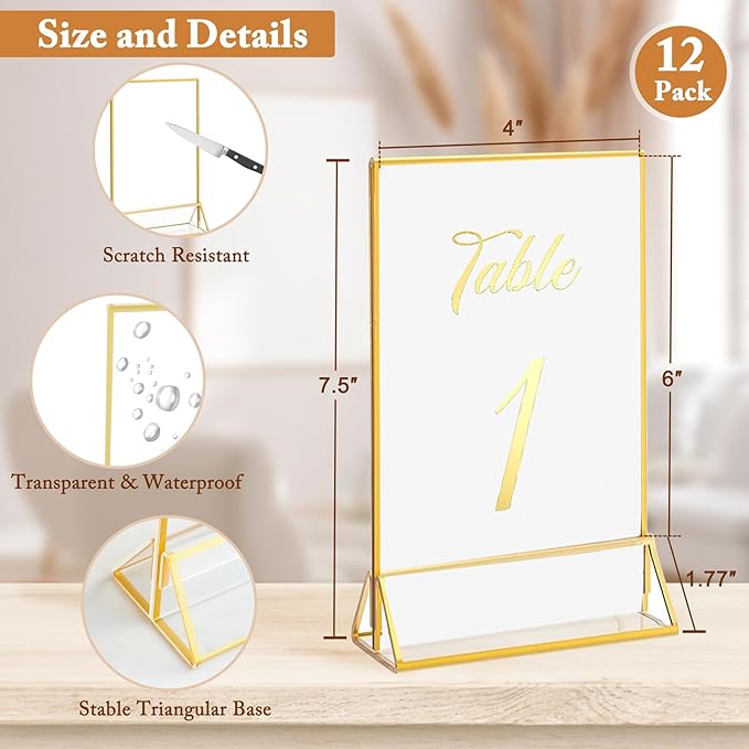 Floroom 12 Pack 4x6 Inch Clear Acrylic Sign Holders, Double-Sided Gold Display Stand Picture Frames for Table Numbers, Menus, Flyers, Weddings, and Offices