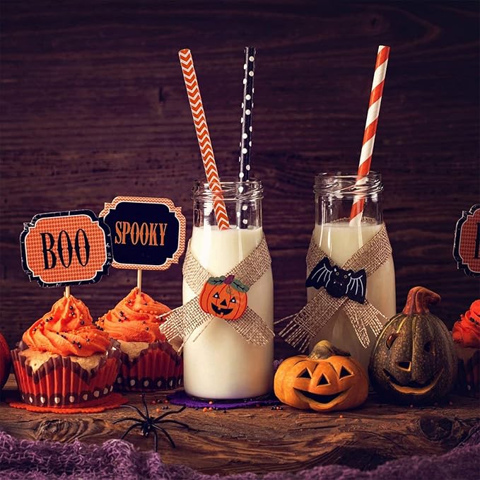 Shappy 125 Pieces Halloween Paper Straws Bulk, Disposable Decorative Drinking Straws with Dots/stripes/waves for Birthday, Wedding, Halloween and Christmas Party Supplies(Orange, Black, White, Purple)