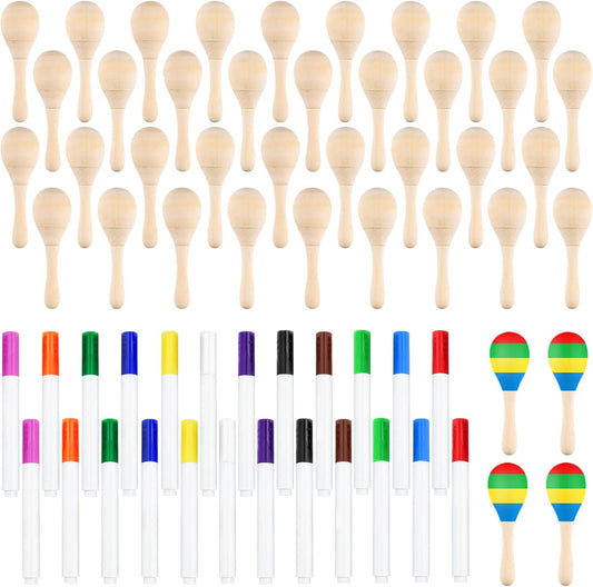 40Pcs DIY Wooden Maracas for Kids, Mini Maracas for Mexican Fiesta Party Favors with 24Pcs Multicolor Pens, Cinco De Mayo Party Supplies