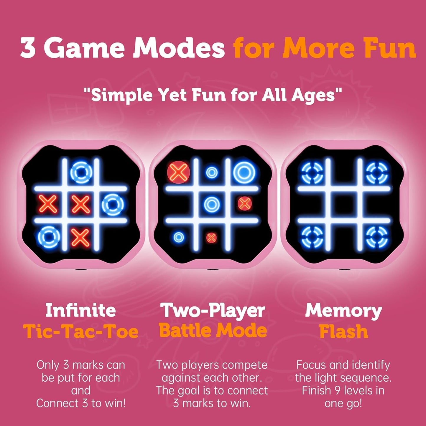 3 in 1 Electronic Tic Tac Toe Game, Handheld Digital Tic Tac Toe Bolt Game with Silent Mode, Portable Learing Toys Gift for Kids & Adults, Pink