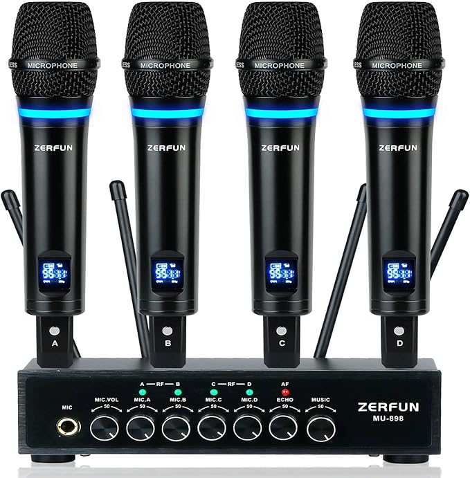 4 Channel Rechargeable Wireless Microphone System, Pro UHF Metal Handheld Wireless Microphones Cordless Mics with Echo Bluetooth VOL Channel Control for Karaoke Singing Church(MU-898)