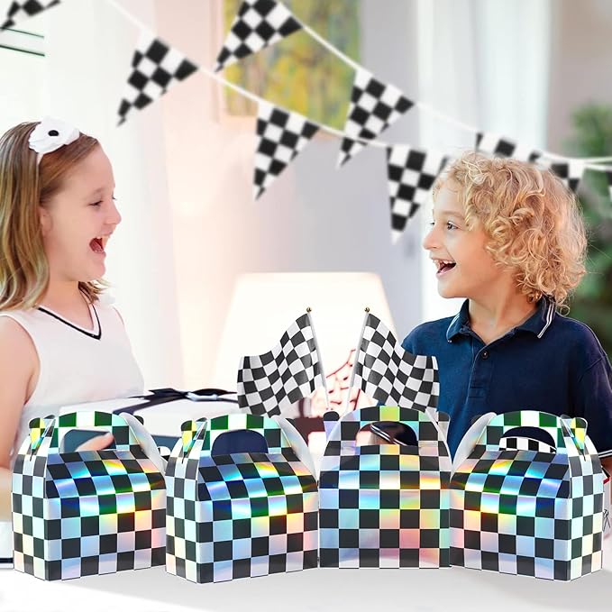 24 Pcs Iridescent Checkered Race Car Party Favor Gable Boxes, Paper Black and Iridescent Car Goodie Treat Boxes, Racecar Laser Plaid Gift Box for Kids Fast Race Cars Birthday Party Decorations