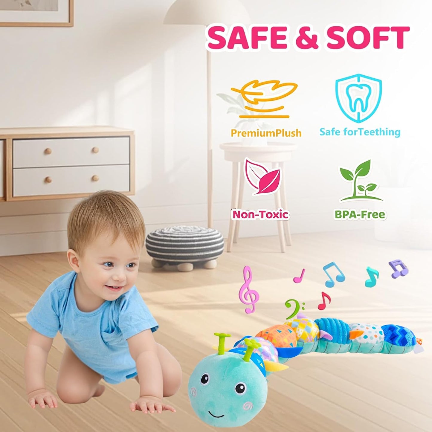 Baby Sensory Toys 0-12 Months, Plush Toys with Music and Rattle, Suitable for Newborn Baby Tummy time, can be Used as a Newborn Birthday, Holiday, Baptism Gift (Blue Caterpillar)