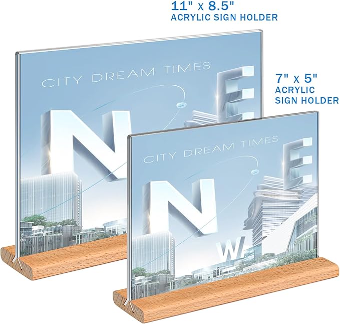 Kersally Acrylic Sign Holder 11 x 8.5'', 3 Pack Double-Sided Clear Table Display Stands with Wood Base,Horizontal Acrylic Frame Menu Flyer Paper Holder for Store, Restaurant, Hotel, Office, Show Fair