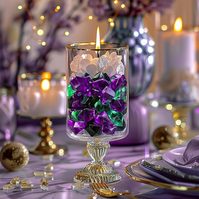 HappyFiller Halloween Decoration Fake Ice Rocks Crystal Cubes Stones for Vase Fillers,Party Decor, Crafts,Pirate Treasure Jewels Plastic Gemstone,Table Scatters,Mix Purple Green Black,15 OZ