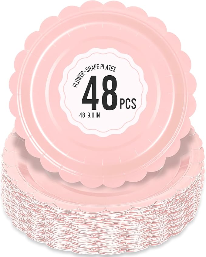 48 Pcs Pink Paper Plates 9 Inch Scalloped Dessert Plates - Disposable Pink Cake Plate - Baby Shower Birthday Party Wedding Bridal Party Supplie