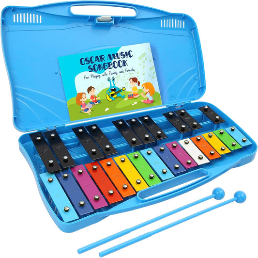MINIARTIS Glockenspiel Xylophone | 25 Note Colorful Metal Keys Xylophone for Kids | Percussion Musical Instrument | Educational Music Toy Includes Music Songbook, Mallets and Blue Carry Case