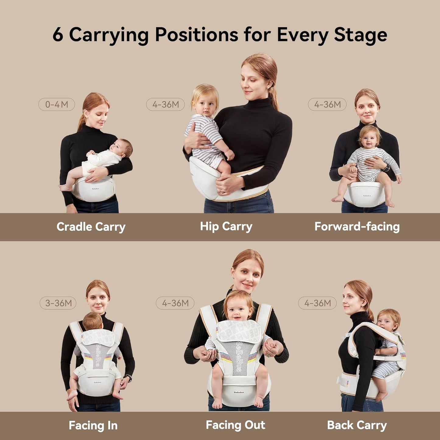 Baby Carrier with Hip Seat, BeBeBus 2-in-1 Ergonomic Newborn to Toddler Carrier up to 44 lbs, Detachable Hands-Free for Infant, All Season Forward-Facing Carry, Fits Waist Sizes up to 38 inch (White)