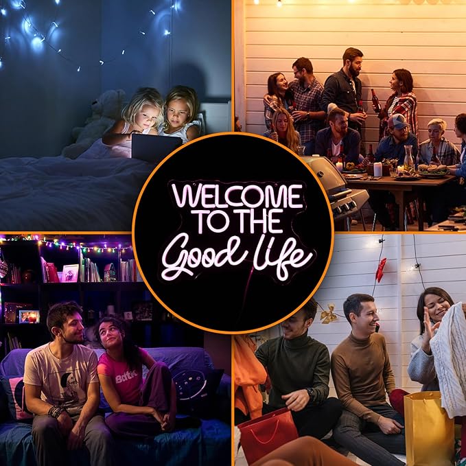 Welcome To The Good Life Neon Sign Letter LED Neon Lights Dimmable USB Powered 16.5’’X11’’Cool Wall Decorative Light Bedroom Kids Room Birthday Party Bar Decoration Gifts for Friend（Pink）